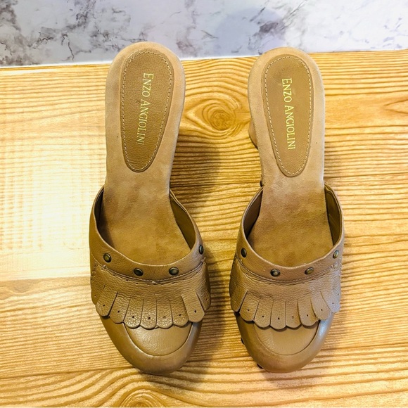 Enzo Angolini Brown Tan Leather Wood Heel Clogs Heels Pumps Size 9.5 - Picture 5 of 7